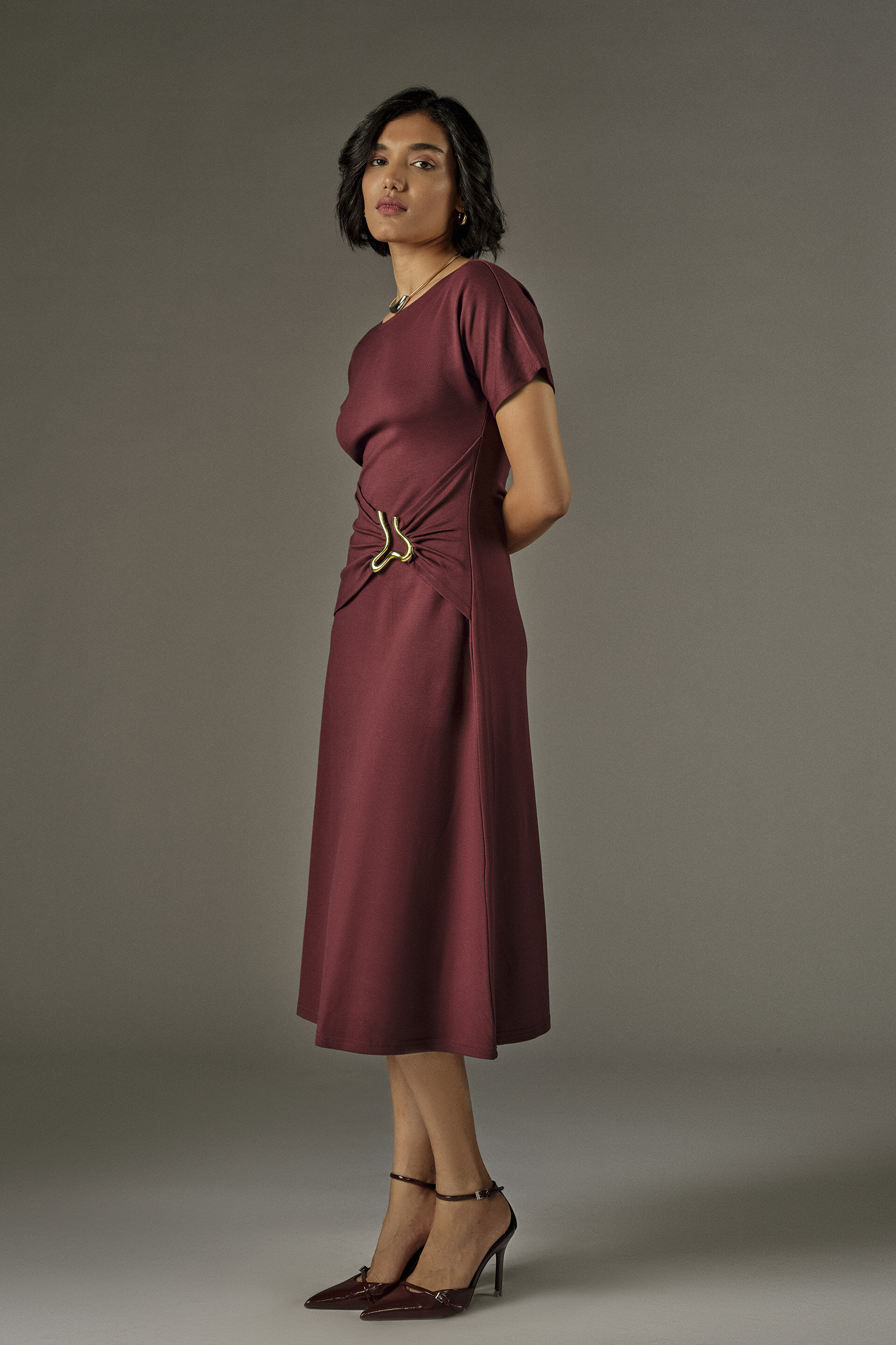 Velra Wine Draped Dress, Wine, image 3